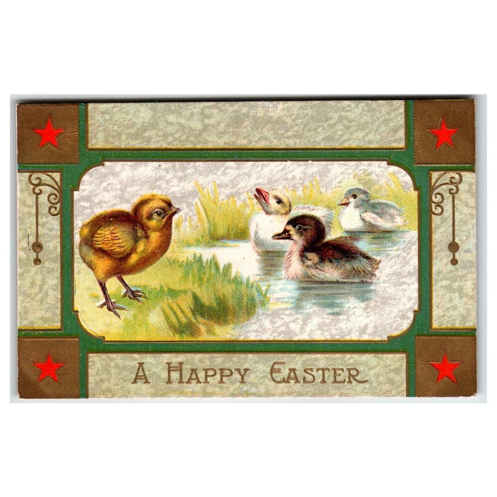Antique Embossed Easter Postcard Chick Ducklings Pond Red Stars Vintage